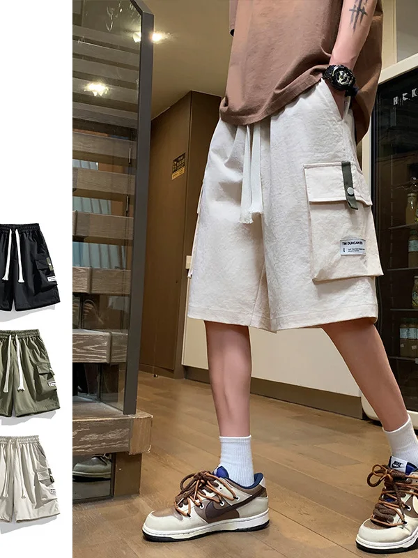 

Loose Casual Men's Workwear orts Summer New American Trend Thin Straight Leg mid Waist Five-Quarter Length Polyester Fiber