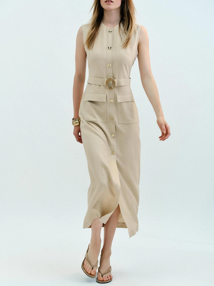 

Summer New Arrival Women's Single-Button round Ne Svel Midi Dr Faionable Ele Sle for Par Ocns