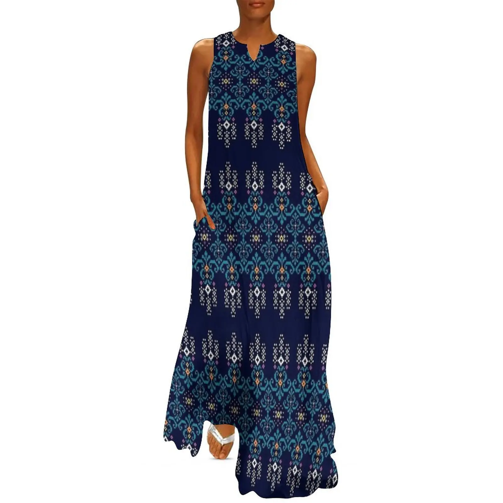 

Floral Ethnic Pixel Pattern in Dark Blue Long Dress women clothes dresses for prom luxury woman evening dress dresses for woman
