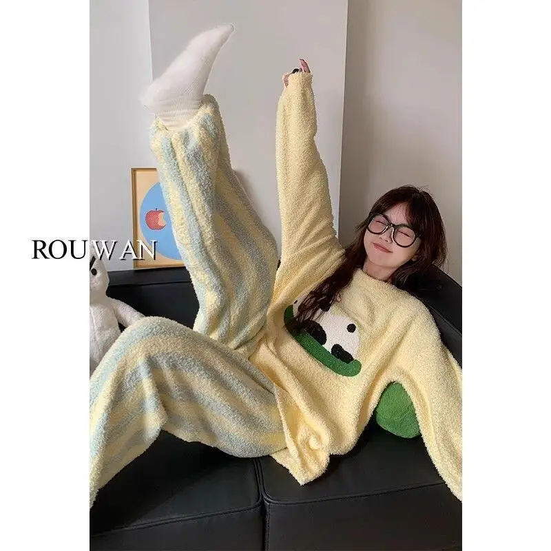 

Homewear Loungewear Thick Pajama Set Girls' Velvet Soft Women's Long Sleeve Knitting Outerwear Sleepcoat Nightgown Autumn Winter