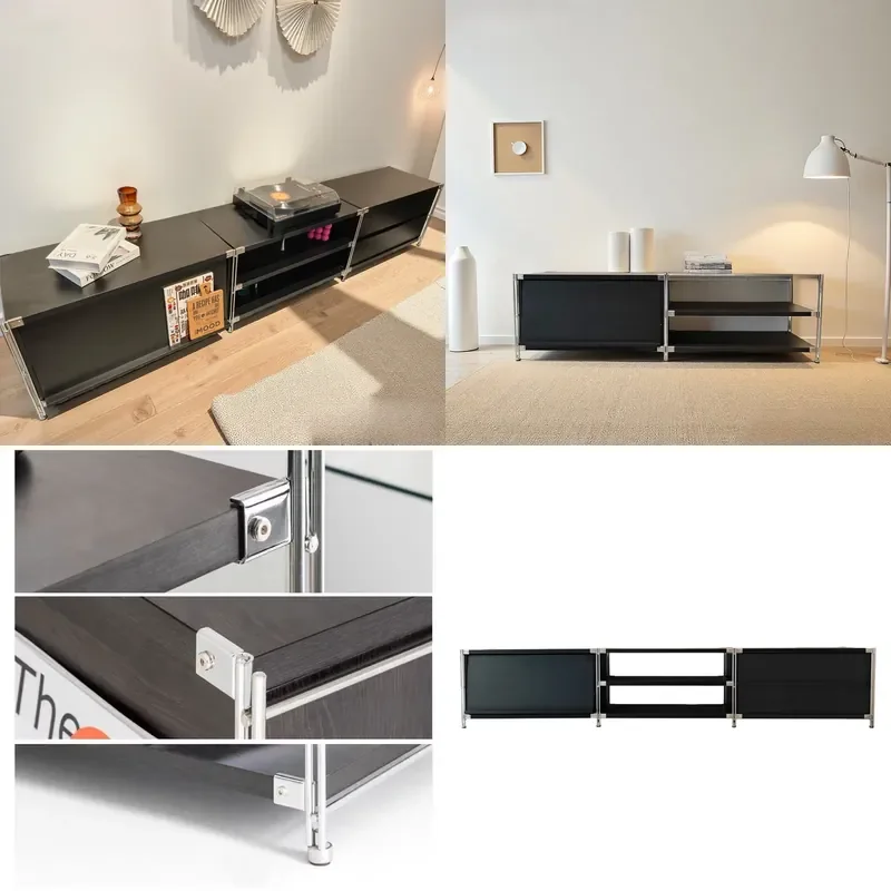 Bauhaus Style TV Cabinet Floor to Ceiling Stainless Steel Storage Unit for Small Apartment Living Room Low Sideboard Console