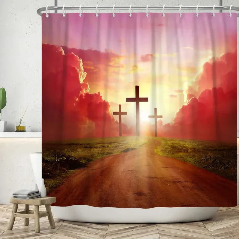 

JHB23Waterproof Shower Curtain with Hooks, Christ's Cross of The Birth of Jesus, Saint Nina Ifix Florns, Prayer Shower Parti9Kj(