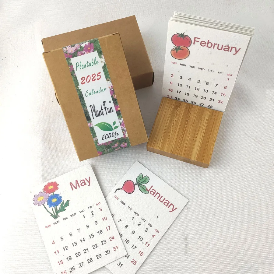 New 2025 desk calendar with bamboo holder and kraft box,customized 12sheets handmade plantable seed paper calendar