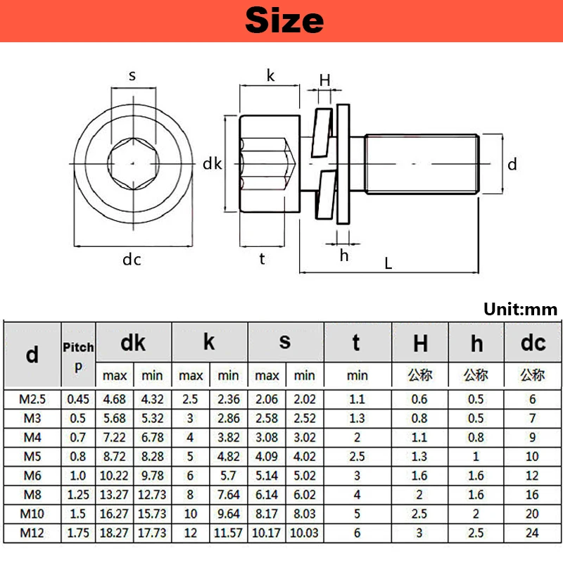 3in1 Inner Hexagon Bolt Gasket Spring Washer Flat Washer Combination Set 304 Stainless Steel Cylindrical Head Cup Screw M2~M12