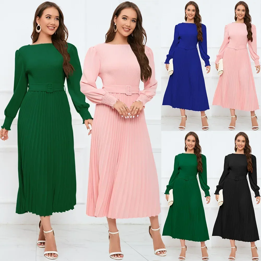 Womens Dresses Autumn and Winter New Round Neck Bubble Long Sleeved Pleated A-line Mid Length Slim Fit Dresses for Women 