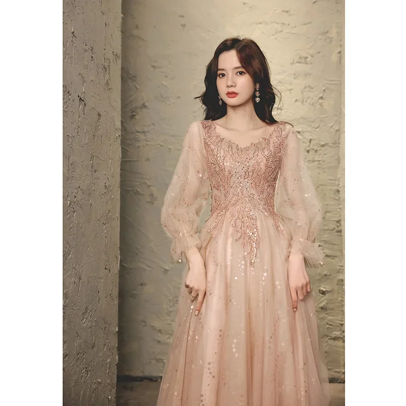 Ofallsis V neck Flare Sleeve Evening Dress Female 2023 Autumn New Host High End Banquet Style Long Sleeve Princess Pink Dresses