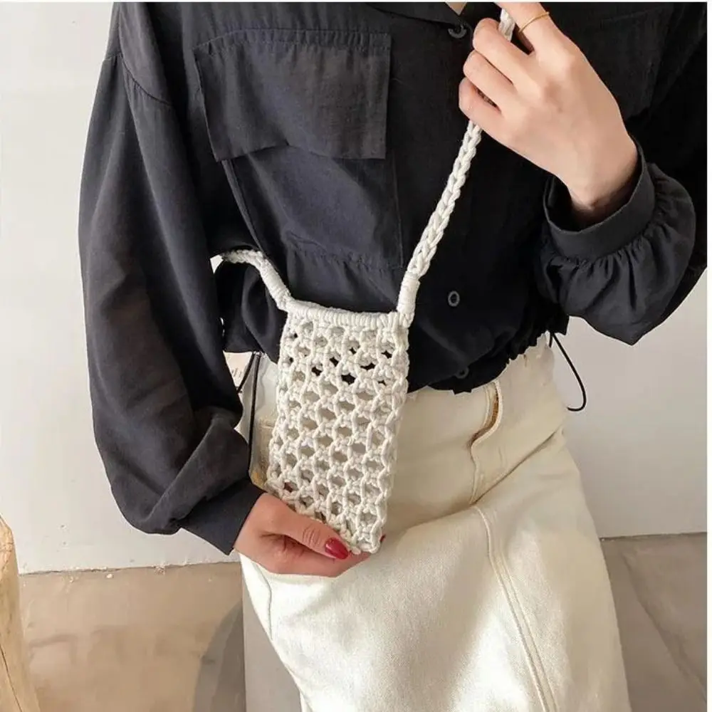 New Handmade Woven Bag Fashion Mini Crossbody Phone Bag Solid Color Hollow-out Crochet Lightweight Braided Shoulder Handbag