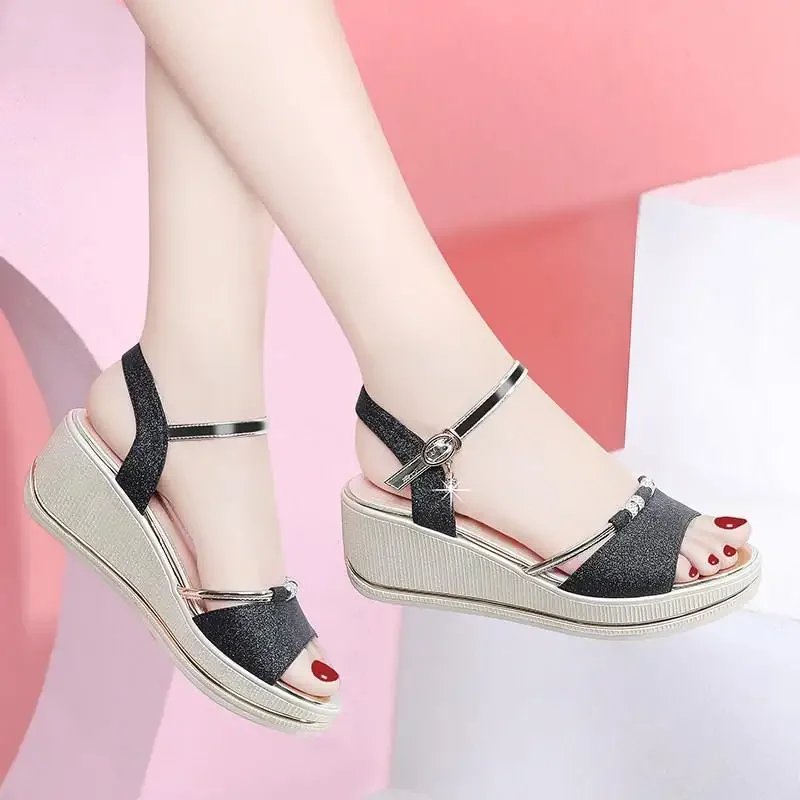 Sandals for Woman Platform Wedges Heel Footwear Women\'s Shoes Summer 2024 with Medium Heels Shoe Daily Korea on Offer Original H