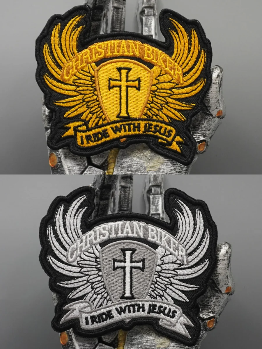 ICH FAHRE MIT JESUS Bestickte Aufnäher, Applikation zum Aufnähen, Punk-Biker-Band-Rock-Kleidungsetiketten, Klettverschluss oder zum Aufbügeln – Detail 1