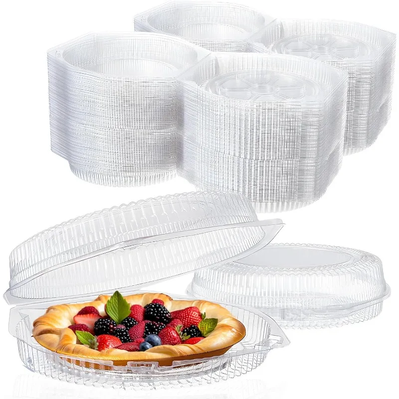 

100 Pcs 9'' Plastic Disposable Pie Containers with Hinged Locking Lids Clear Flan Containers with Lids Round Pie Keeper De