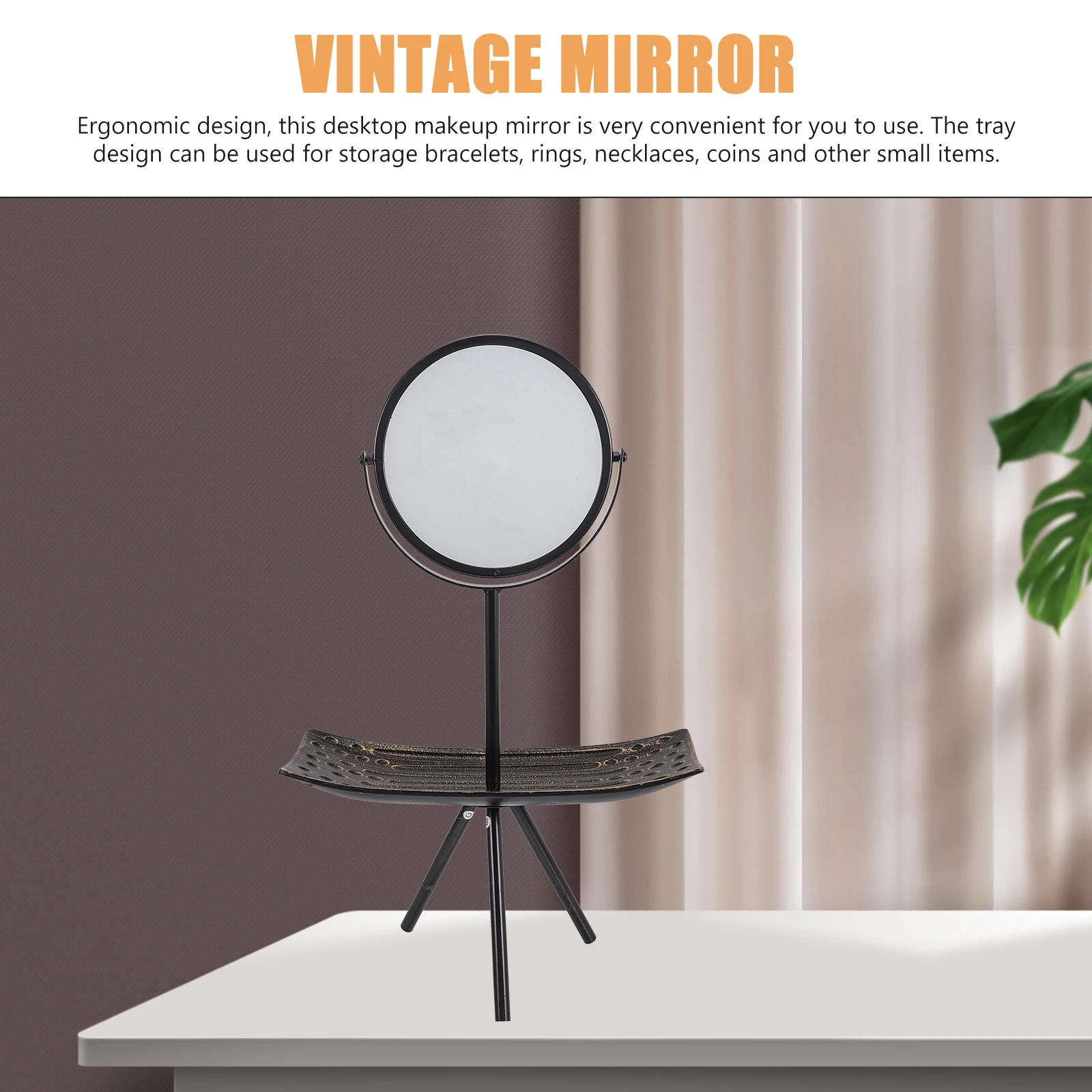

Vanity Mirror Tray Retro Vintage Mirror Desk Makeup Mirrors for Bedroom Smooth Reflection Storage Jewelry Coin