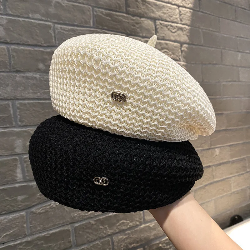 Sommer-Baskenmütze für Damen, Gehäkelte Hüte, Weiche Slouchy-Baskenmütze, Sonnenhut, Schicke Ausgeschnittene Flache Hüte, Gestrickte Beanie-Mützen, Französische Malermütze