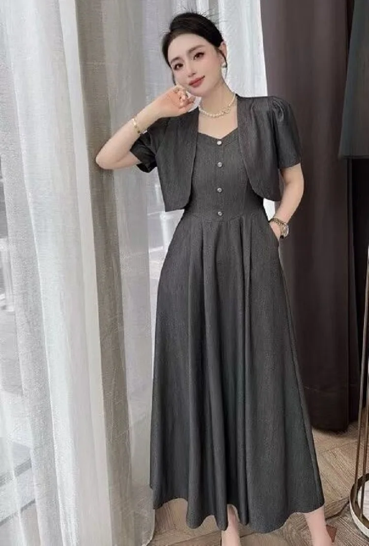 

Top Quality Women's Set Clothes 2025 Summer Lady Sexy Crop Tops+Spaghetti Strap Pocket Patchwork Long Denim Dress Set Two Piece