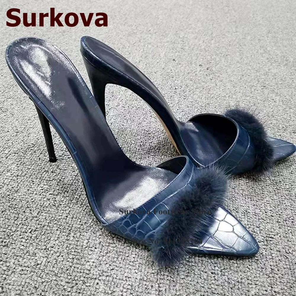 

Surkova Dark Blue Crocodile Fur High Heel Slippers Luxury Fluffy Snakeskin Pointed Toe Sandals Slip-on Evening Shoes 12cm Heels