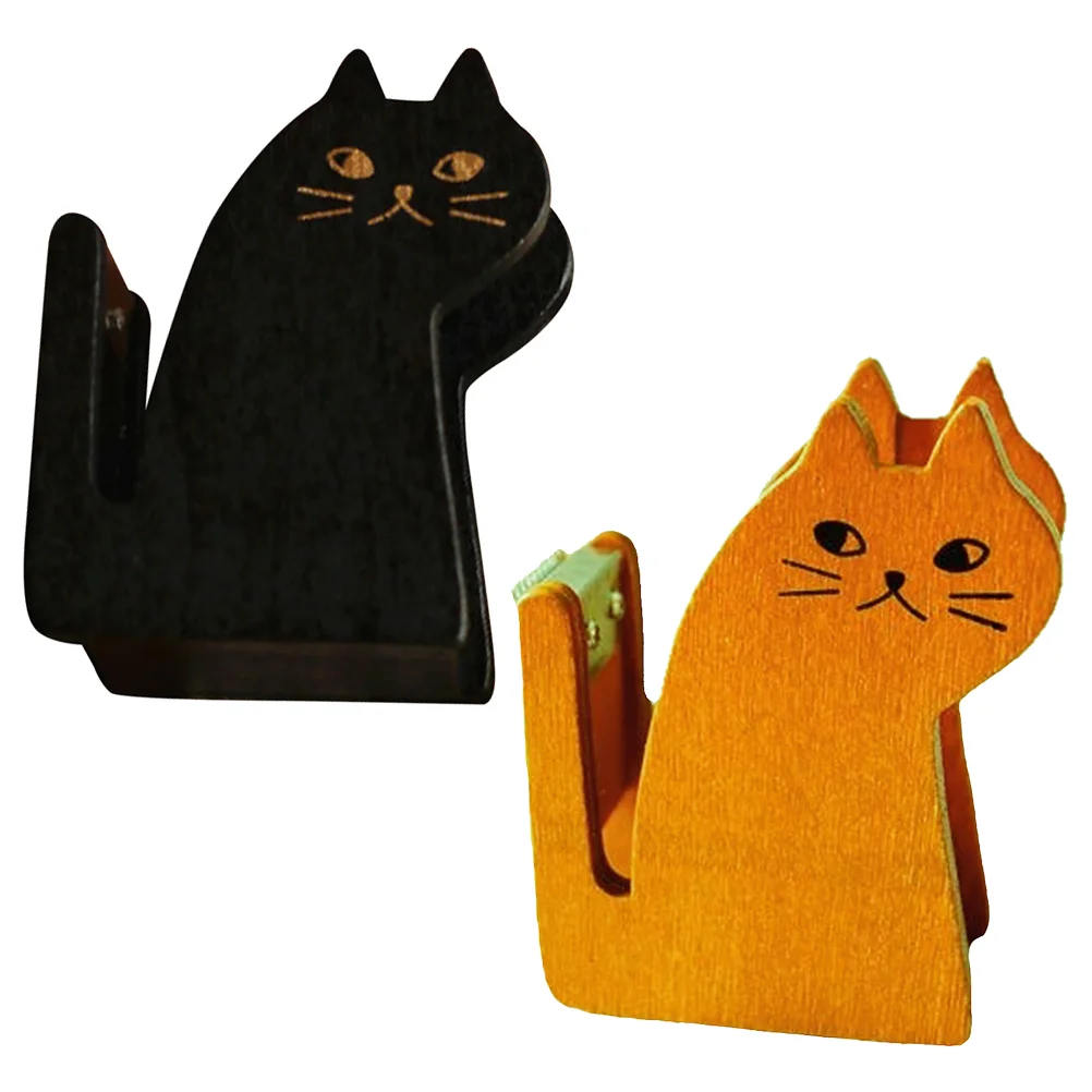 

2 Pcs Cat Tape Holder Vintage Decor Magnetic Office Dispenser Base Desktop Accessories Adorable Wooden Shaped Lovely