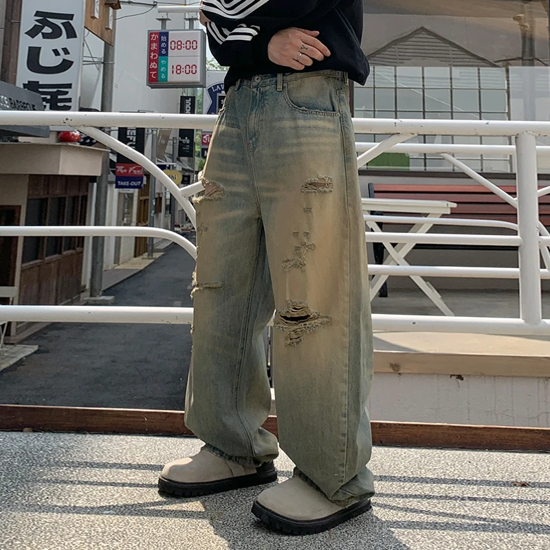 古い、適用、汚れを拭き取り、破れ穴、ジーンズ、メンズのトレンディなブランドストリートメンズ服、ルーズストレートレッグレトロワイドレッグパンツを作る