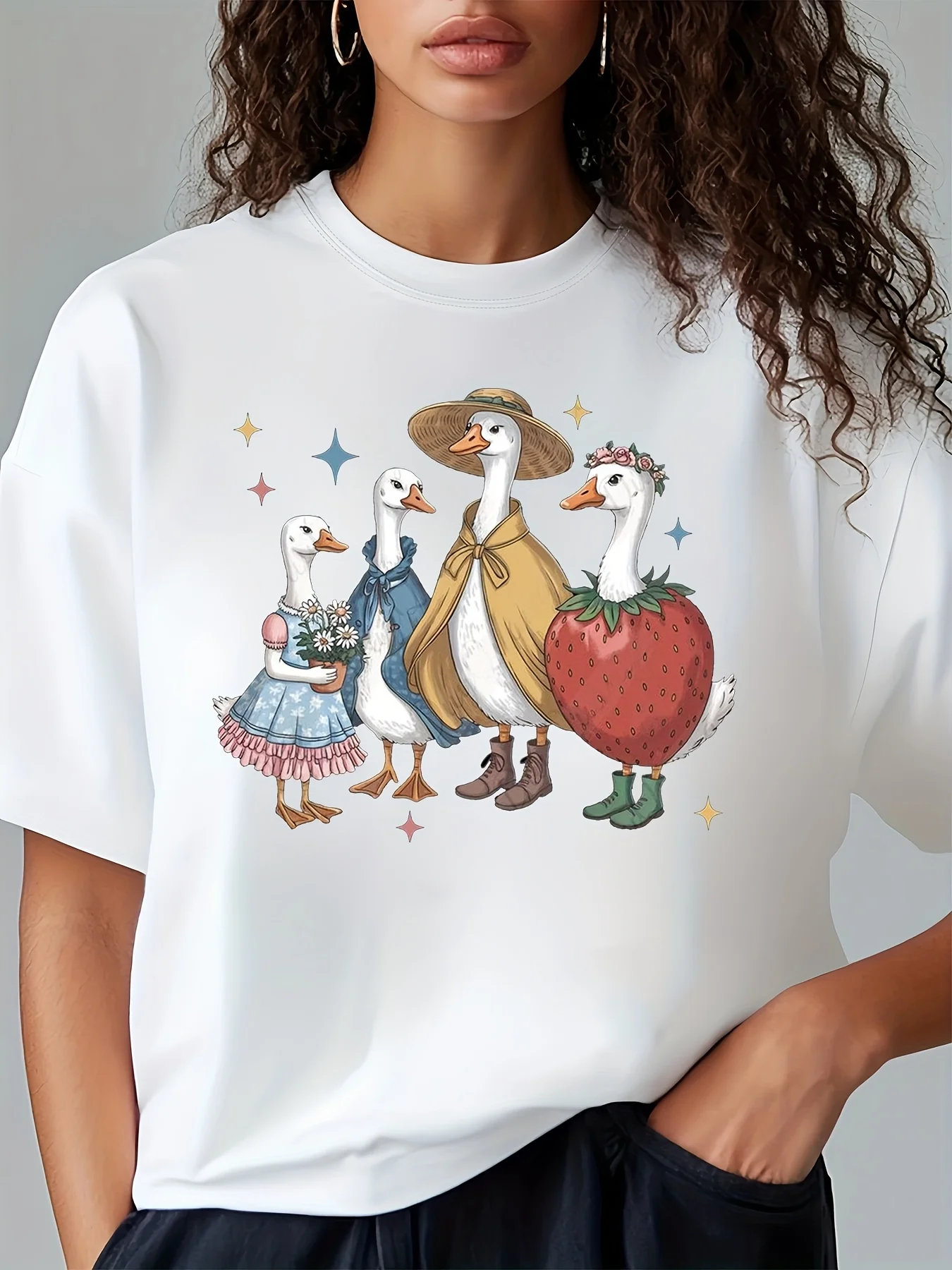 Fun Duck and Strawberry Print T-Shirt - Short Sleeve, Light Blue, Spring/Summer Top, Comfortable Loose Fit, Casual T-Shirt, Fun Print Top, Comfortable Fit, Duck Theme Shirt
