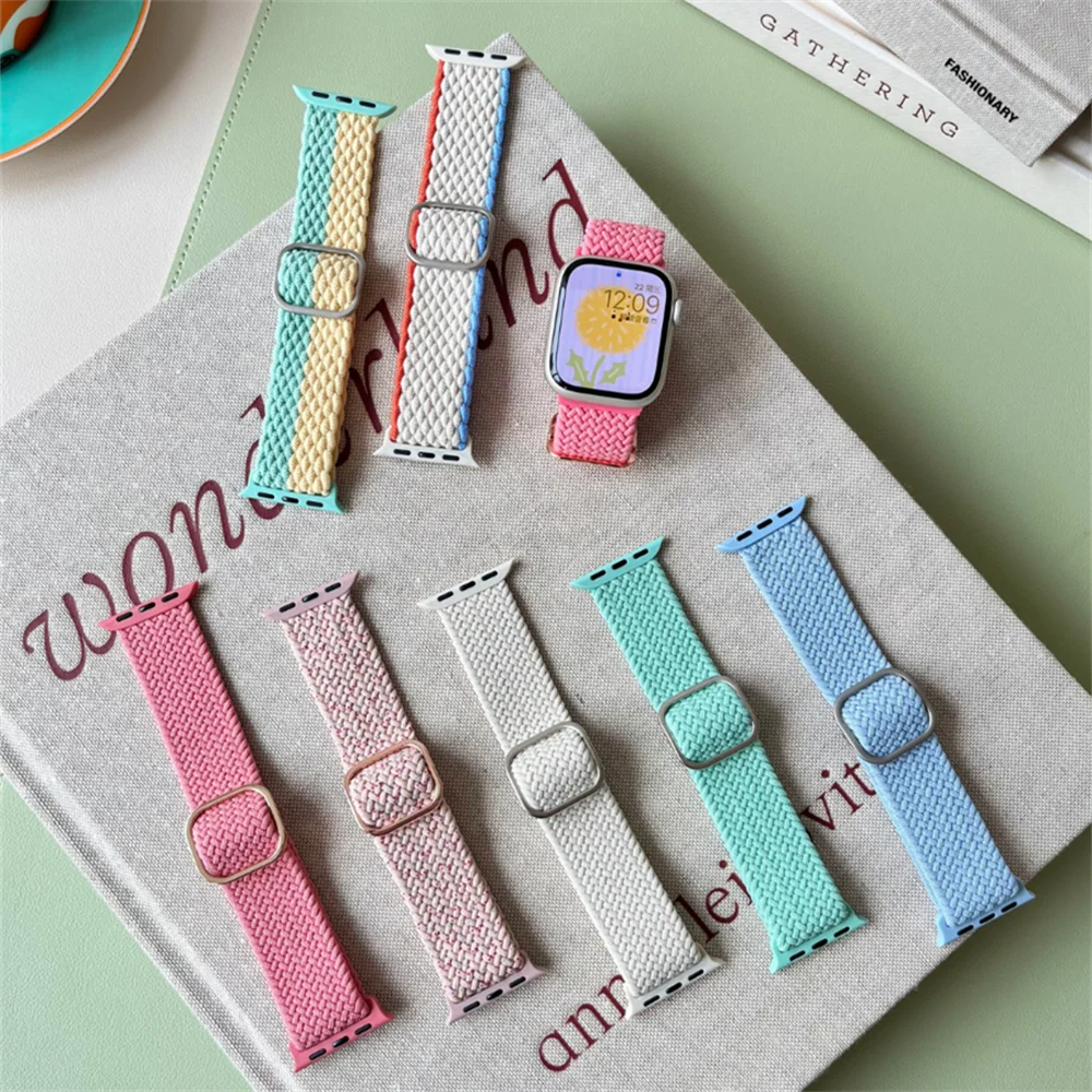 Cute Adjustable Elastic Woven Slide Buckle Band For Apple Watch 9 8 7 6 5 4 3 2 SE Ultra Strap For iWatch 41mm 49 45 42 40 38