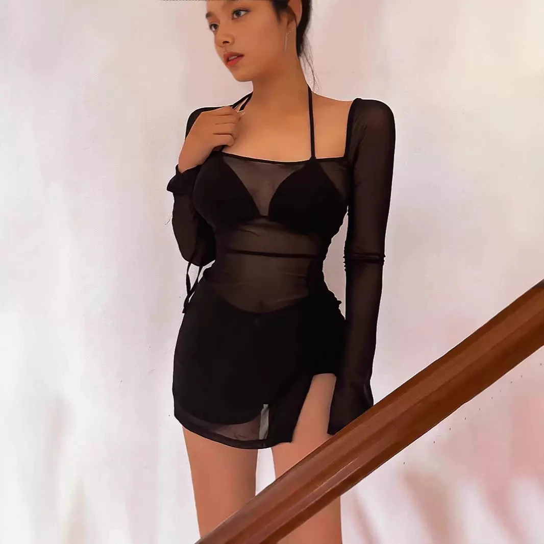 Minivestido de color liso con cuello cuadrado y tela de malla, vestido de noche sexy, conjunto de club, chaleco transparente, mangas largas para mujer