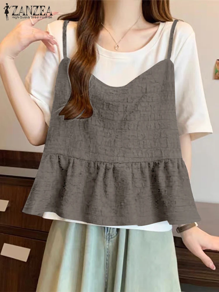 ZANZEA, camisola de verano para mujer, camisetas informales sin mangas a la moda, camisetas sin mangas holgadas de Color sólido con tirantes elegantes, camisetas coreanas para mujer 2025