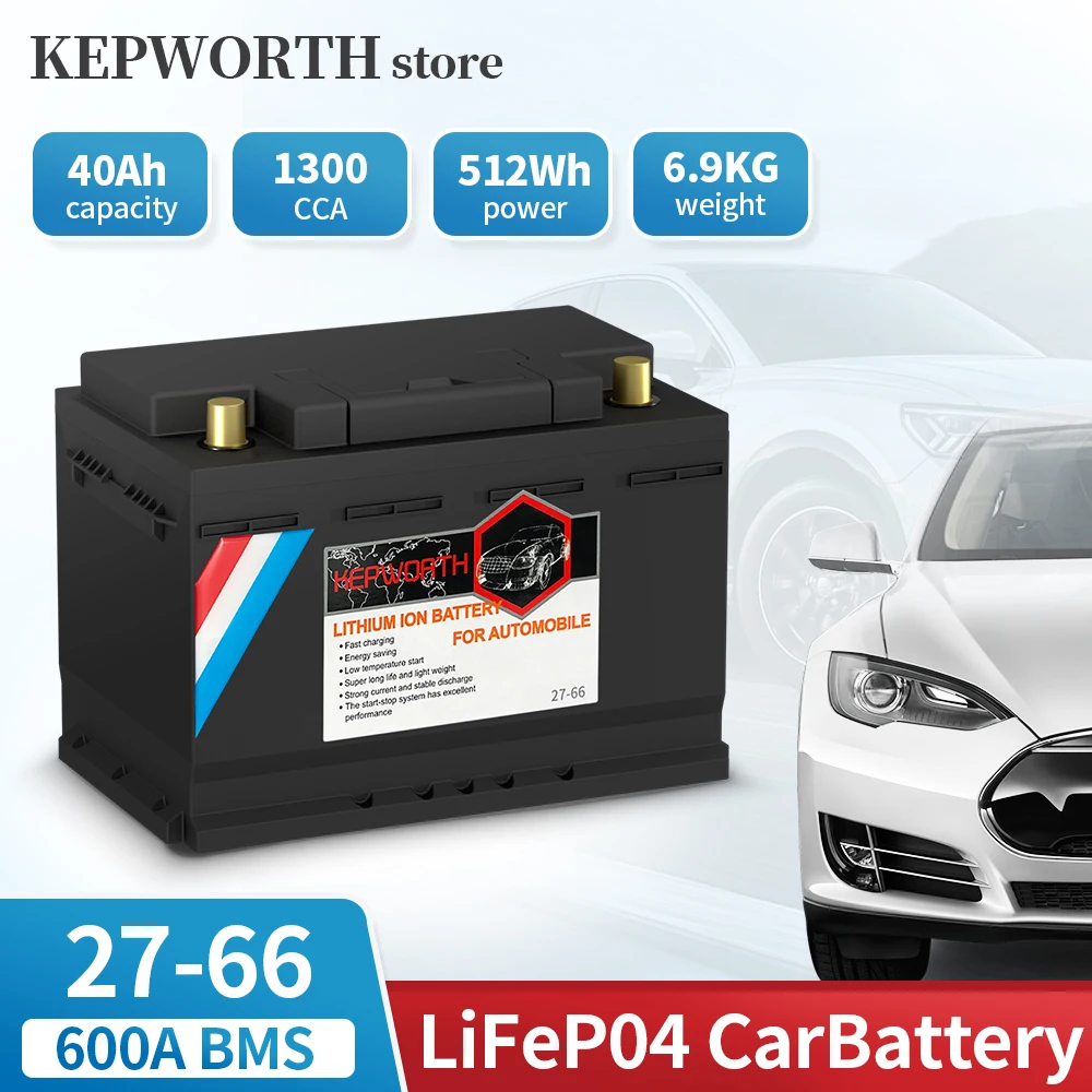 

27-66 12V 40AH LiFePO4 Lithium Car Battery 1300CCA Starting Battery Deep Cycle Built-in 200A BMS for Automotive Trolling Motor