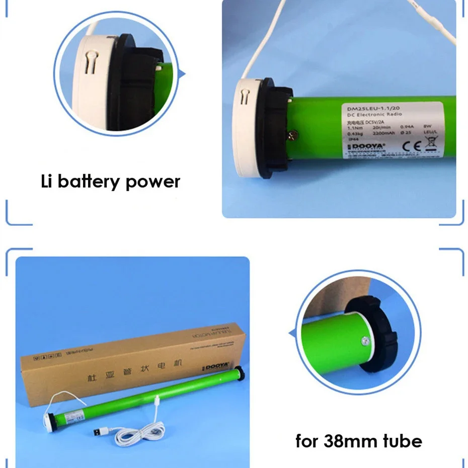 Dooya-Moteur tubulaire DM25LEU, batterie au lithium, récepteur intégré, télécommande RF433, tube 38mm pour store roulant, prise EU/US/AU/UK