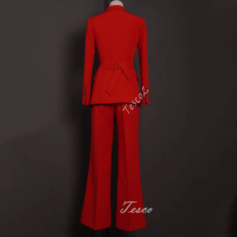 Tesco Fashion Red Women Suit Sets Unique Button Design Blazer And Wide Leg Pants Office Outfits 2 Piece Female Top For New Year