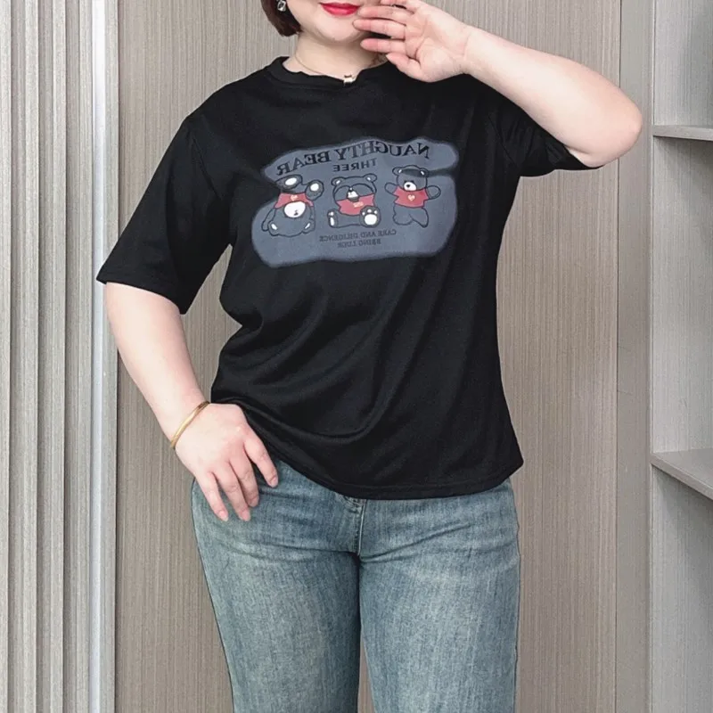 半袖コットンベアプリントTシャツ,ファインラウンドネックトップス,女性用,ラージサイズ,デザイン2024