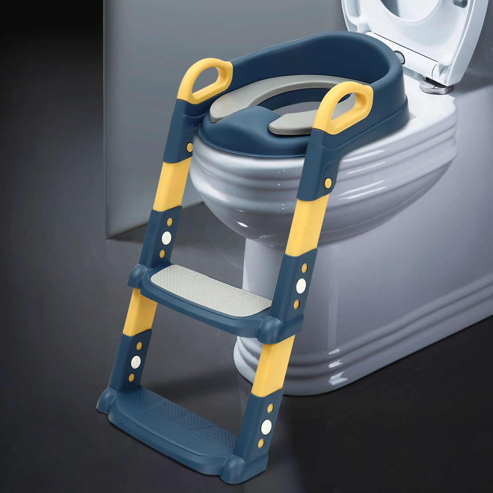 Asiento de Inodoro para Niños con Escaleras, Ajustable en Altura, Plegable, para Bebés de 2 a 7 Años (Azul)