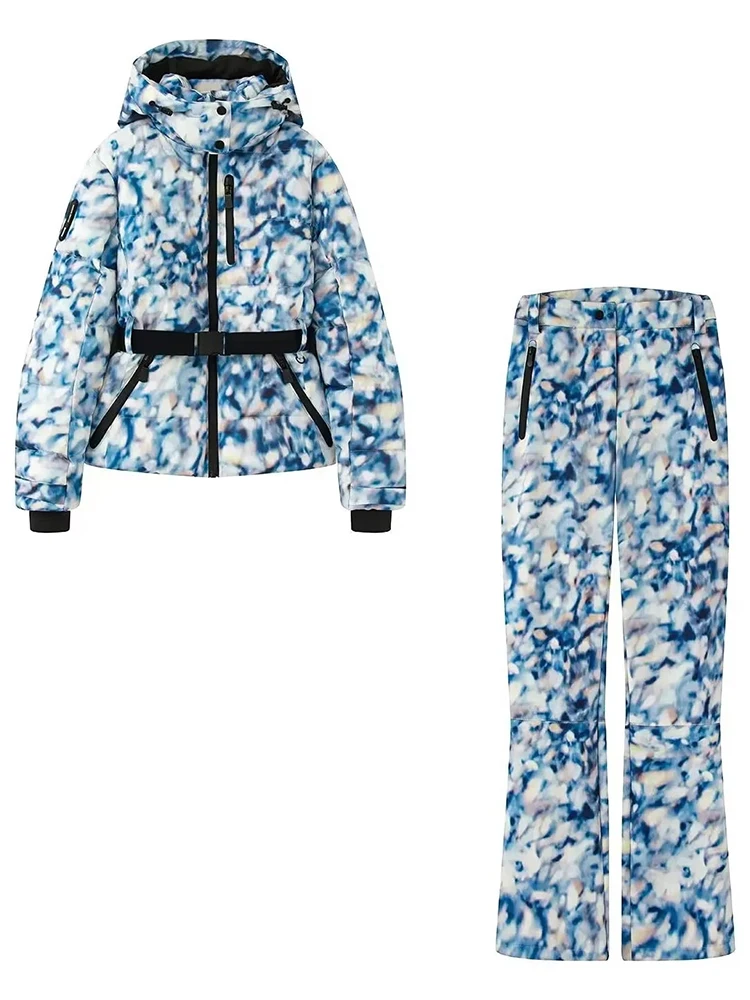 2025 المرأة الشتاء مقنعين مبطن الرياضة سترات السراويل 2 قطعة مجموعة حزام الإناث أنيقة الدافئة يندبروف التزلج معاطف جاكيتات بنطلون