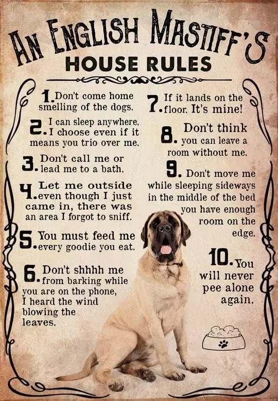 ESETASOT Vintage Metal Tin Sign English Mastiff Metal Plaque Poster An English Mastiffs House Rules Retro Poster Plaque Wall Dec