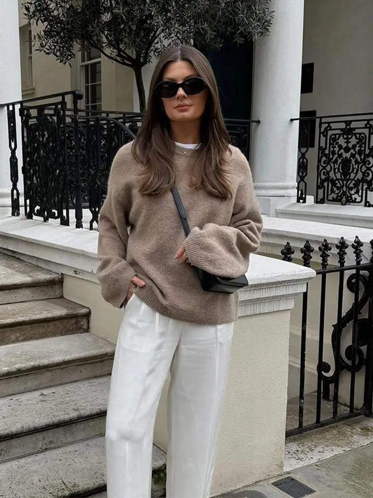 

Fashion Wool Blends Round Neck Knitted Pullover Women Fashion Full Sleeve Loose Commute Jumper 2024 Autumn Street Outerwear