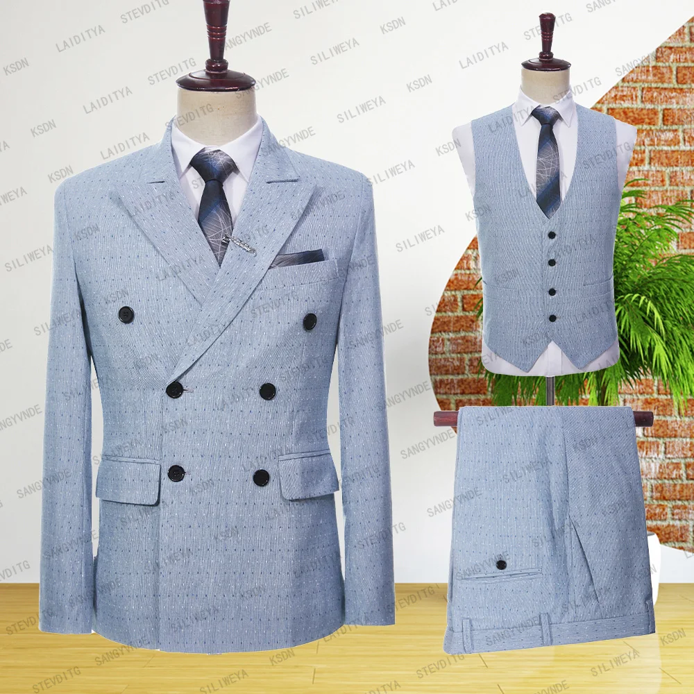 

2023 Blue Linen Men's Suits Bridegroom Tuxedo Tailor-Made Wedding Custom Double Breasted Male Blazer 3-Piece Terno Masculino