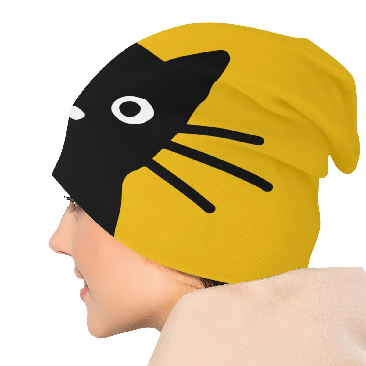 Black Cat Autumn Female Thin Beanies Double Used Cycling Bonnet Hats