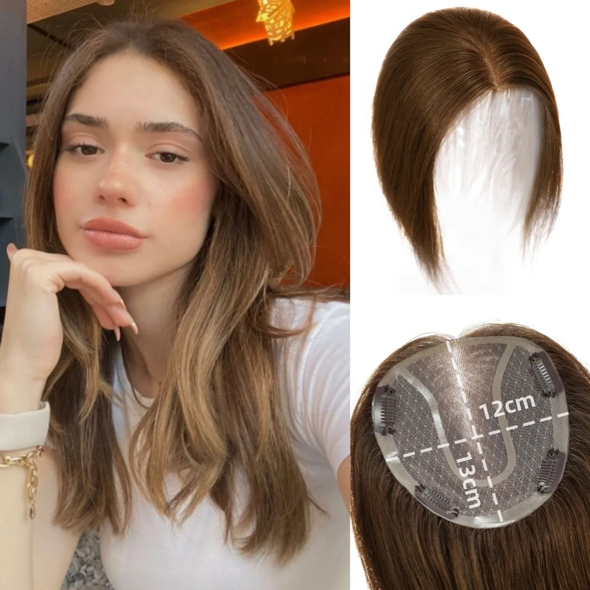 14 Inch Bruin Menselijk Haar Toppers Mono Lace Base Clip In Haarstukken Zijde Steil Natuurlijk Menselijk Haar Toppers Voor Vrouwen Dagelijks Gebruik