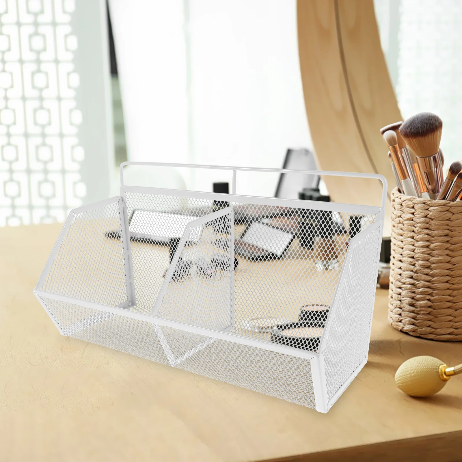 2 Compartment Metal File Basket: White Iron Desktop Organizer Rack For Office Storage, Magazine Paperwork Sorting, Mesh Document