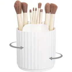 Makeup Brush Holder Organizer 360°Rotating Make Up Brushes Container for Vanity, Spinning Cosmetics Storage Cup, Stripe White