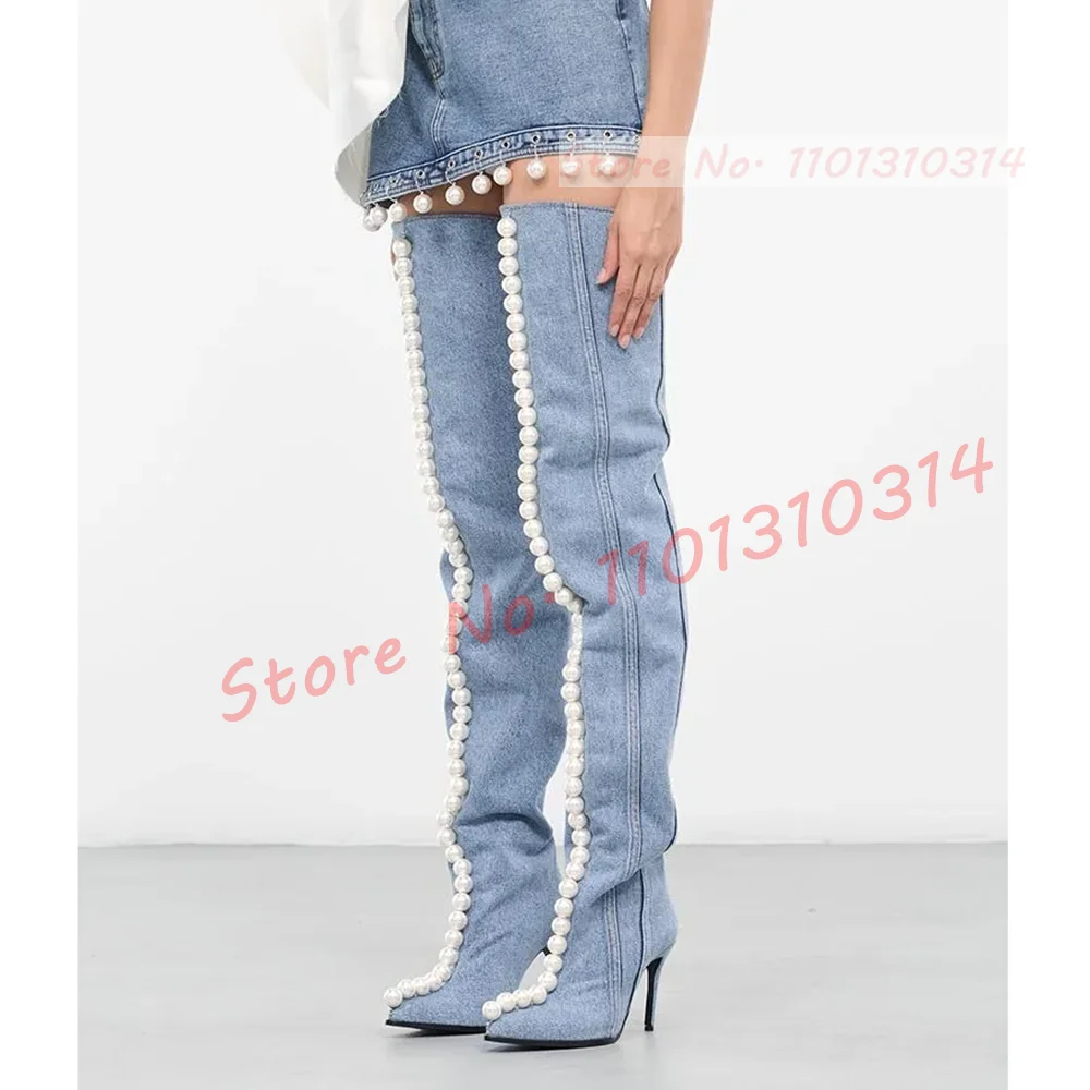 Pearls Pointy Denim Thigh High Boots For Women Elegant Chic Patchwork High Heels Shoes Female Winter New In Design Long Boots