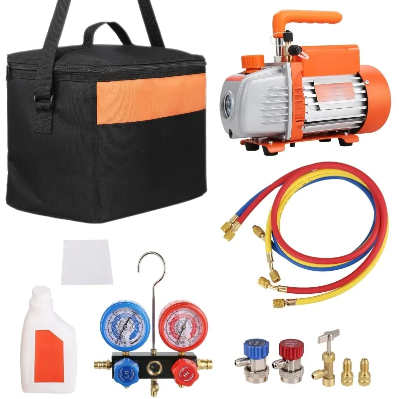 4CFM Single Stage Rotary Vane HVAC Air AC Vacuum Pump & A/C Refrigerant Kit Manifold Gauge Set Air Conditioning