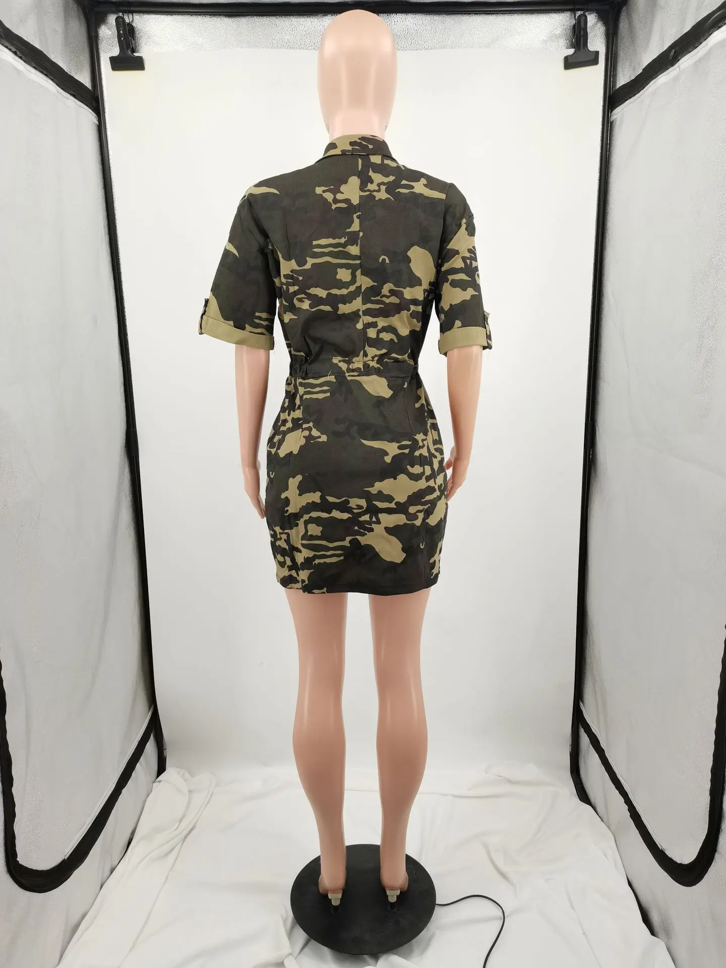 LW Plus Size Dress Camo Print Drawstring Pocket Design Dress Summer Casual Turndown Collar Zipper Printed Mini Dresses For Women