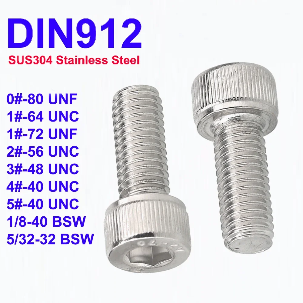 

DIN912 0# 1# TO 5# UNC UNF 1/8-40 5/32-32 BSW SUS304 A2 Stainless Steel Hex Socket Knurled Cap Head Bolts Allen Key Screws