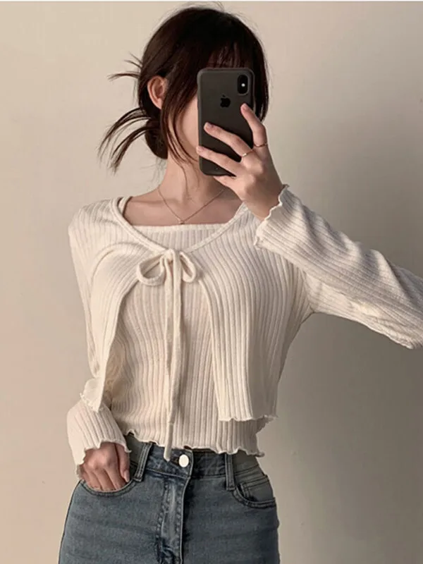

Korean Version New Square Neck Slim Sling+thin Style Lace Up Long Sleeve Small Cardigan Two Piece Set