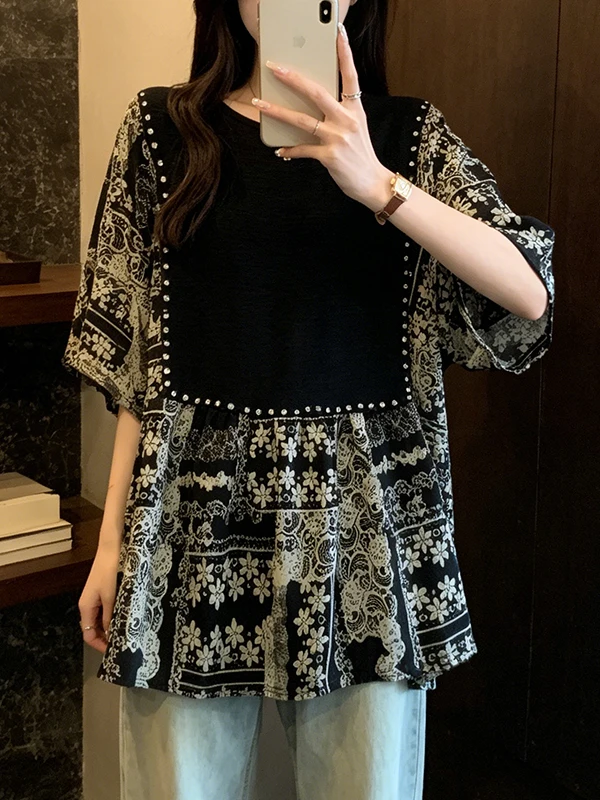 

Summer New plus Size T-Shirt Elegant Printed Loose Slimming Short Sleeve Diamond Embedded Chiffon Top Women's Fashion Design