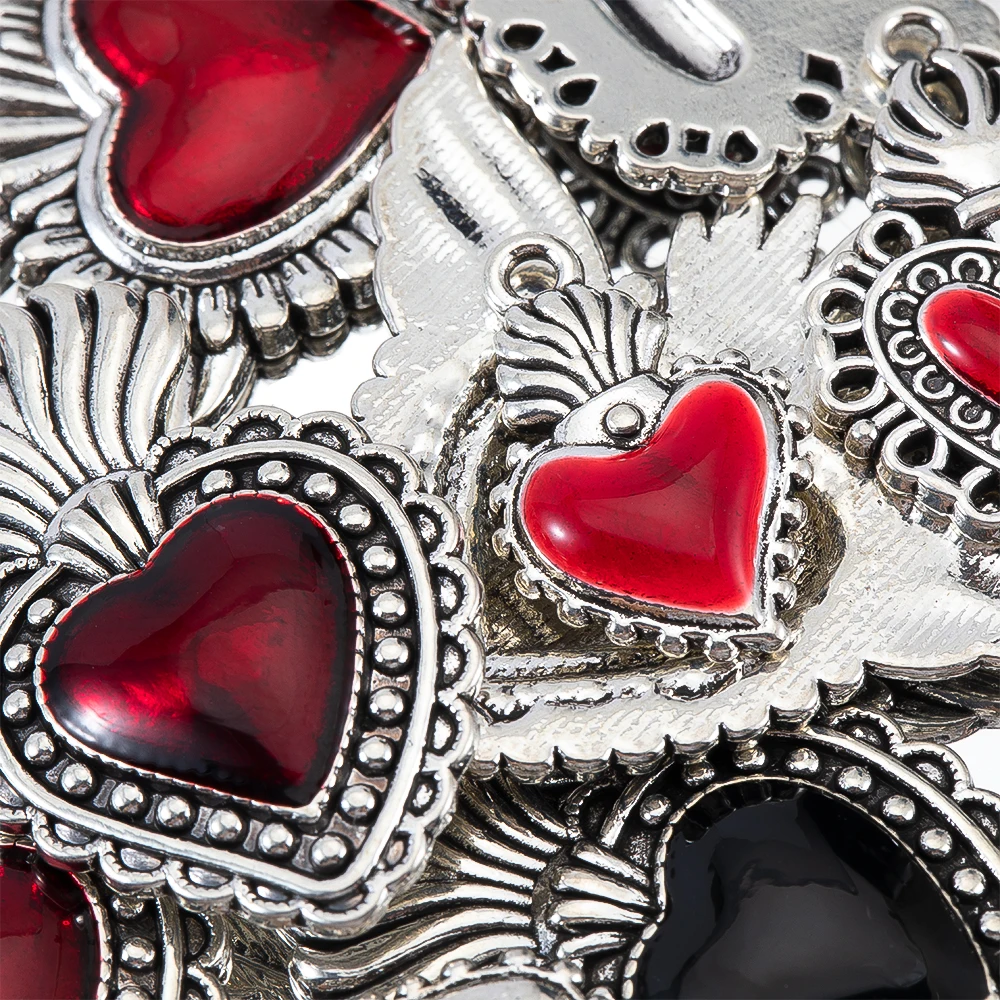 5pcs Y2K Dark Red Crystal Pendants Baroque Heart Wings Bow Rhinestone Charms Jewelry Making DIY Necklaces Keychains Accessories