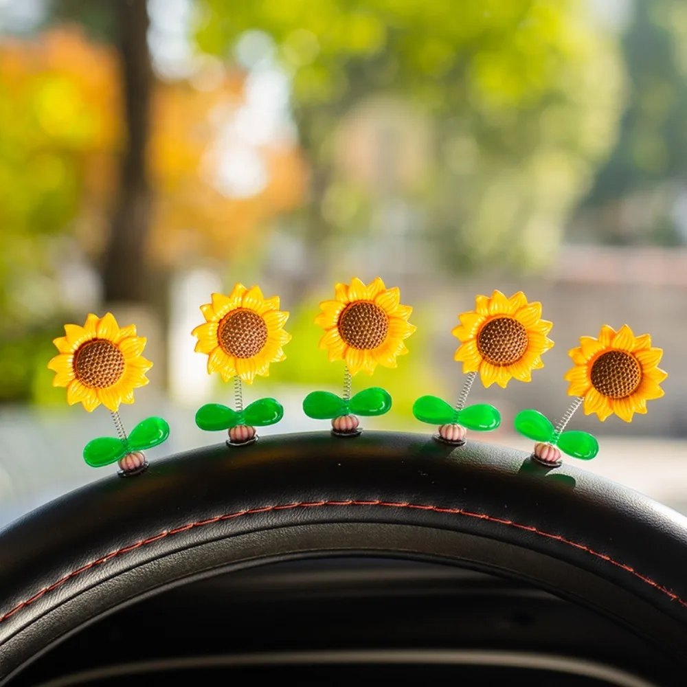 5 Pcs Resin Car Swinging Flower New Sunflower Design Interesting Car Pendant Cute Little Flowers Shaky Car Ornaments Car