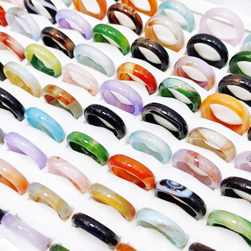 10/20/30Pcs/Lot Vintage MultiColor Natural Stone Agate Rings for Women\'s and Girl Carnelian Charm Finger Ring Jewelry Party Gift