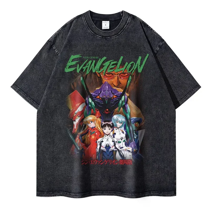 Evangelion T-shirt Vintage Washed Anime EVA T Shirts Oversized Manga Ayanami Rei Asuka Tshirt Nagisa Shinji Tops Tees 100%Cotton