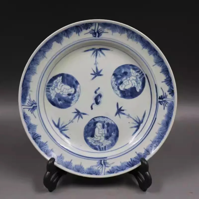 Chinese Blue and White Porcelain Plate Qing Kangxi Kids Lotus Pattern 8.3 inch