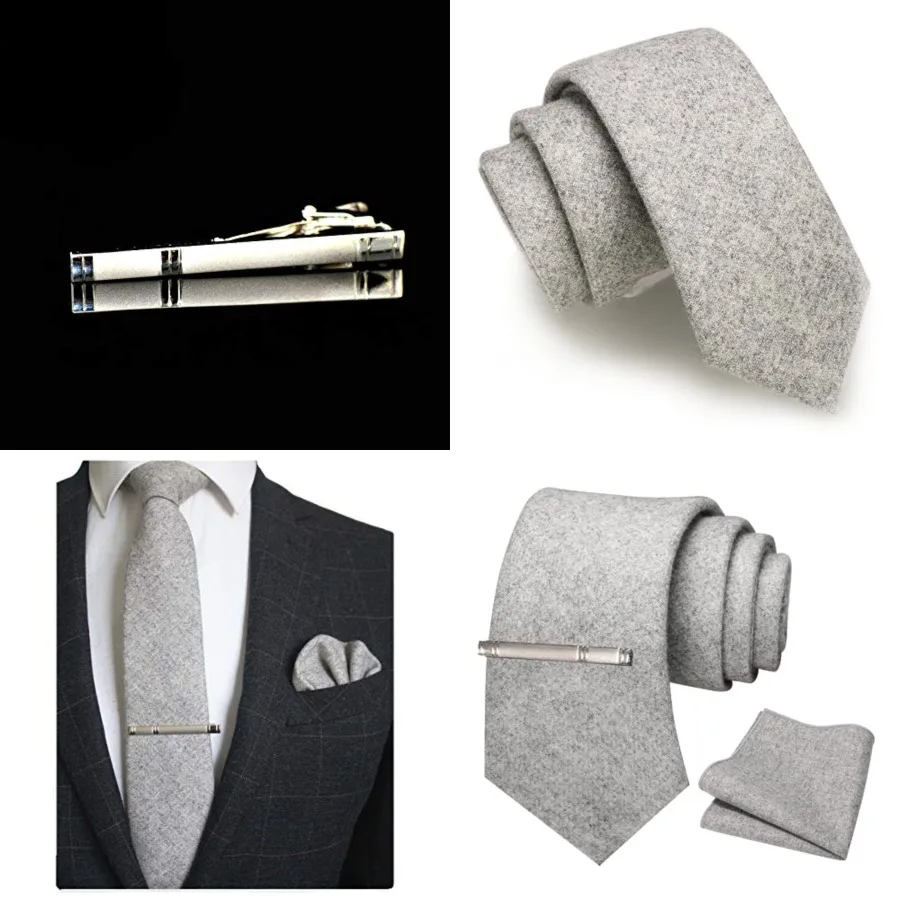 

Solid Color Cotton Cashmere Necktie and Pocket Square Tie Clip Sets for Men, Gray