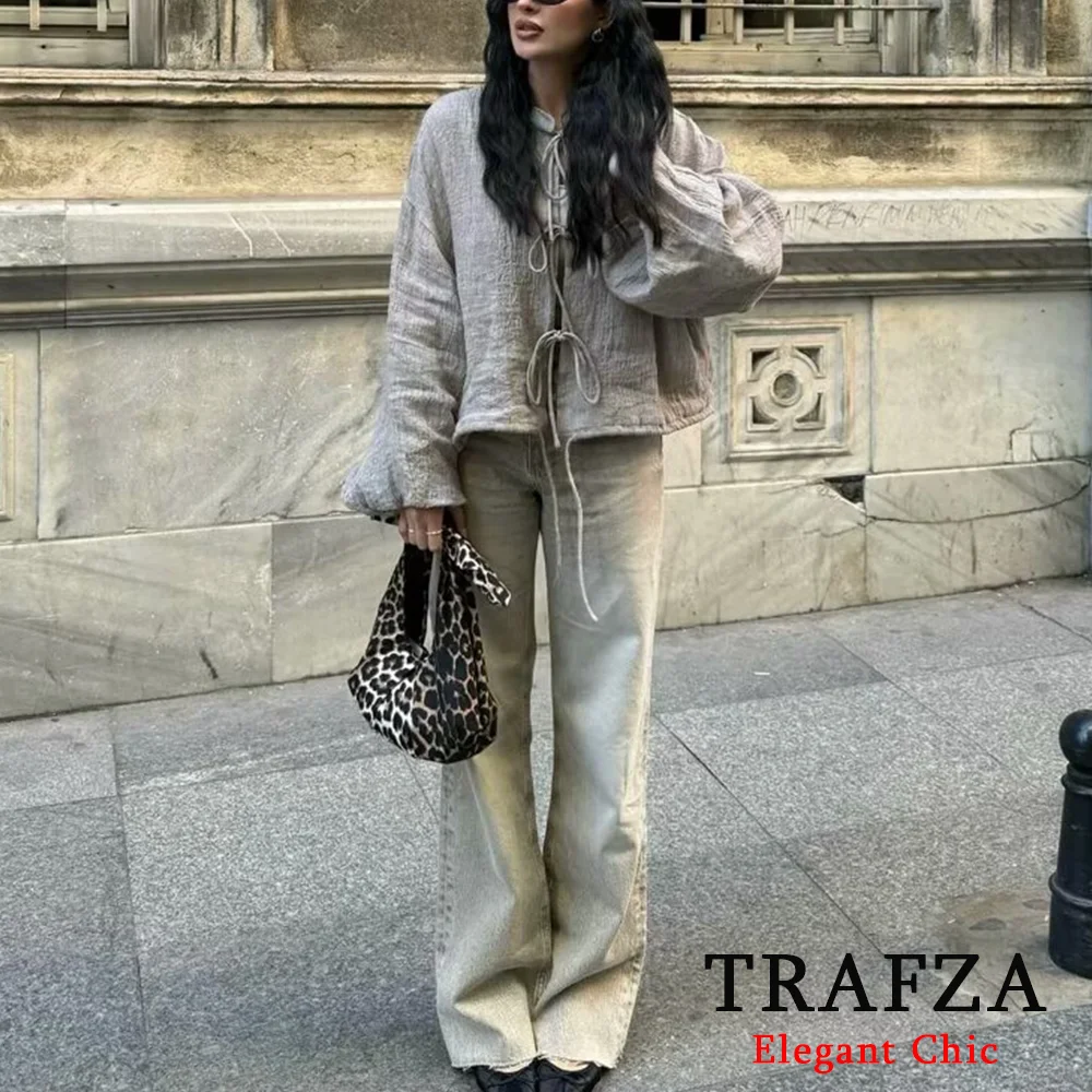 TRAFZA Casual Chic Women Short Jacket Fashion 2024 Spring Autumn Bow Tie Long Sleeve O-neck Jacket New Chinese Commuter Coat